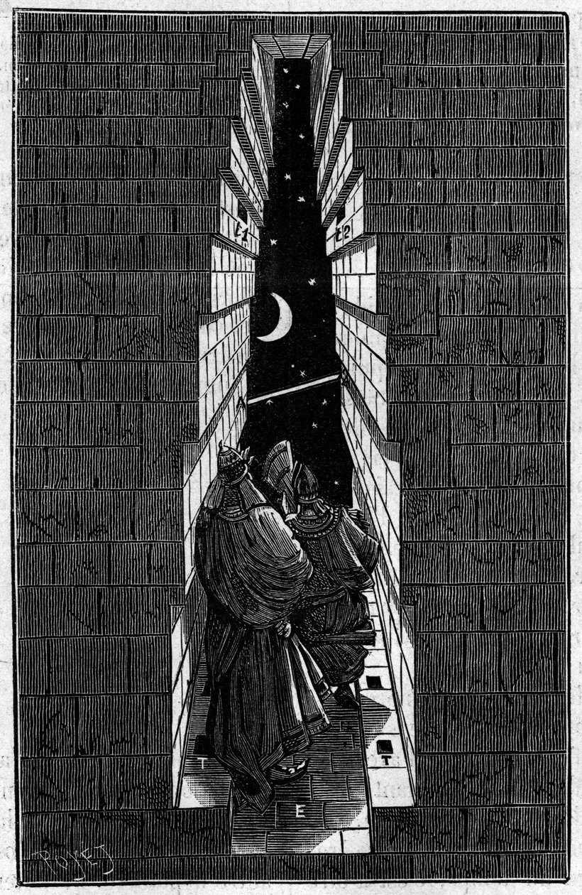 Sacerdotes do antigo Egito observando as estrelas na Grande Pirâmide de Kheops (Cheops, Keops, Khufu, Khufu) a Gyza (Guizeh, Gizeh, Giza). Gravura em "La Nature: Revue des sciences et de leurs applications aux arts et a l