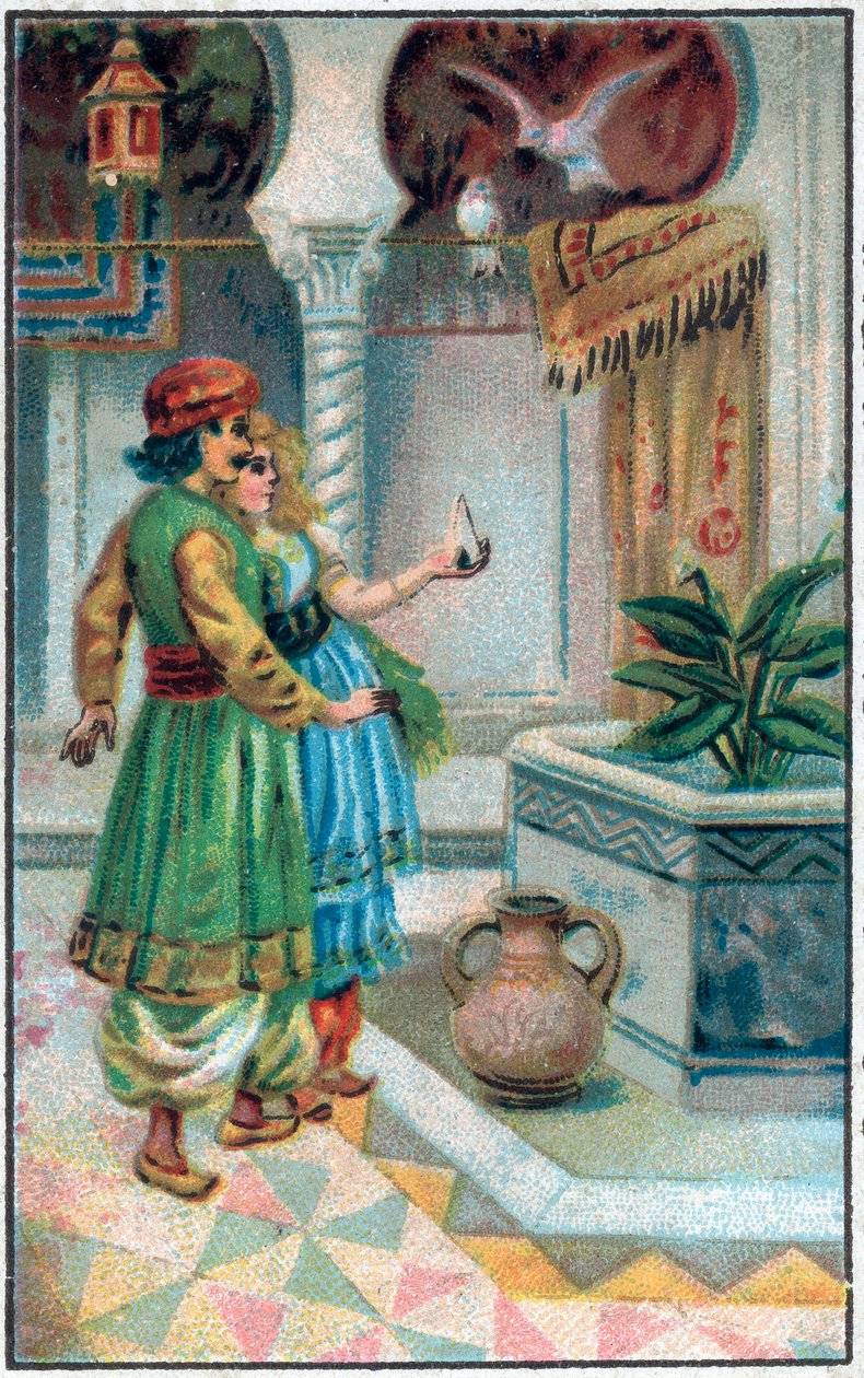 O Príncipe Ahmed com a taxa. História do Príncipe Ahmed e a taxa Paris-Banou (Pari Banou) (Paribanu). Conto de 1001 noites (contos das mil e uma noites). Cromolitografia do final do século XIX. de Unknown artist