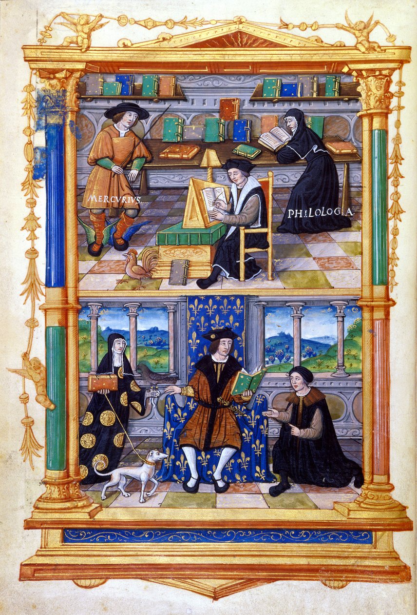 Príncipe aprendendo física, filologia, religião e manutenção - in "Da instrução de um príncipe" de Guillaume Bude (Budee) (Budaeus) (1467-1540) de Unknown artist