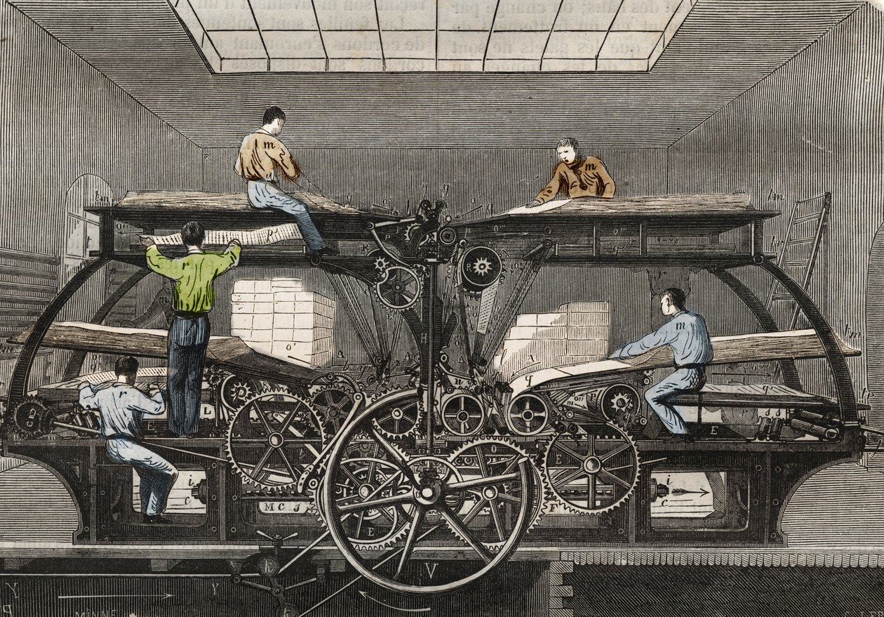Imprensa de impressão: imprensa gráfica do jornal "Le Siecle" em Paris. Gravura de 1857 em "Le Musee Des Sciences". de Unknown artist