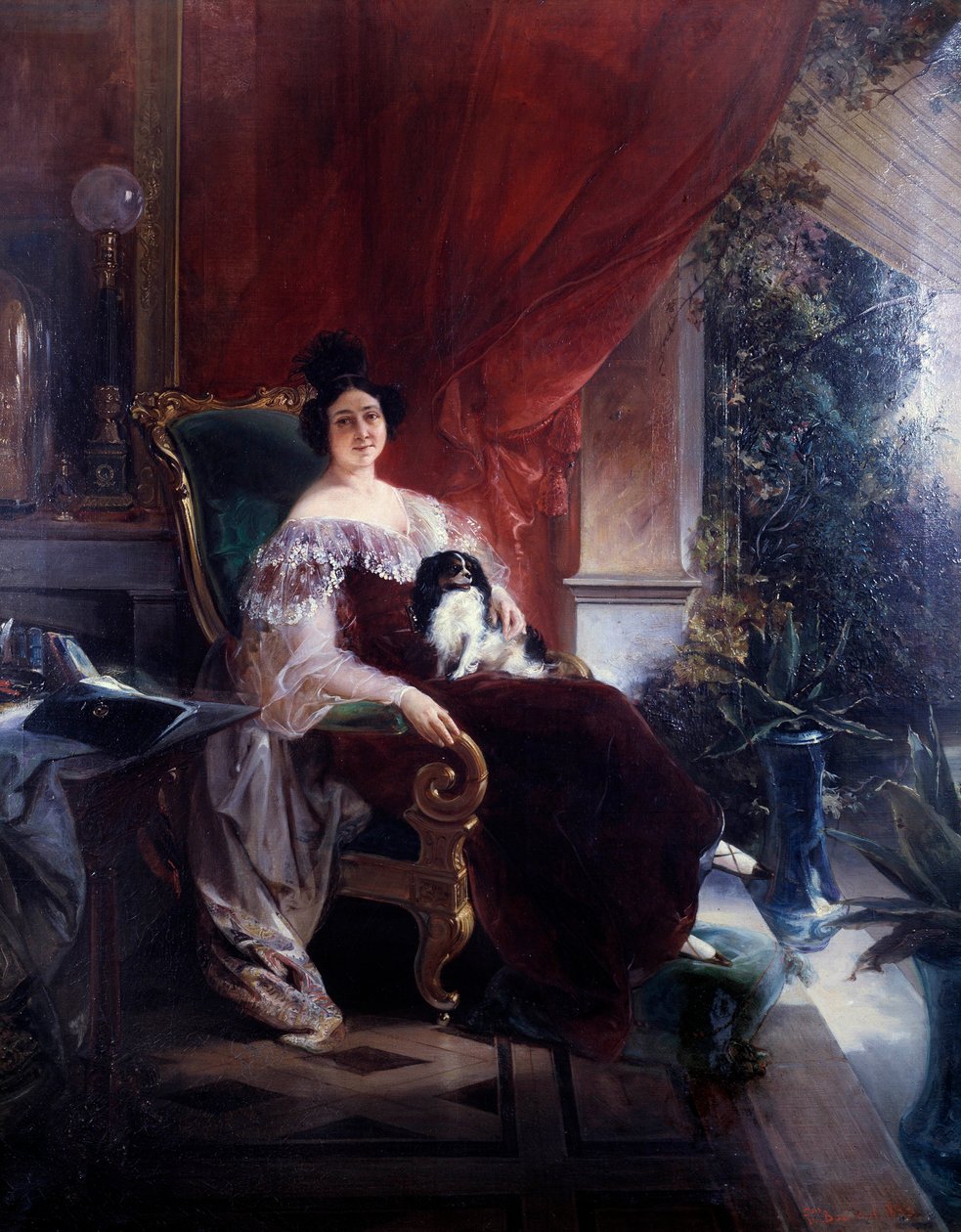 Privacidade, a senhora com o cão. Um cão sentado em cima de uma mulher numa varanda. Pintura de François Bourbot (século XIX) de Unknown artist