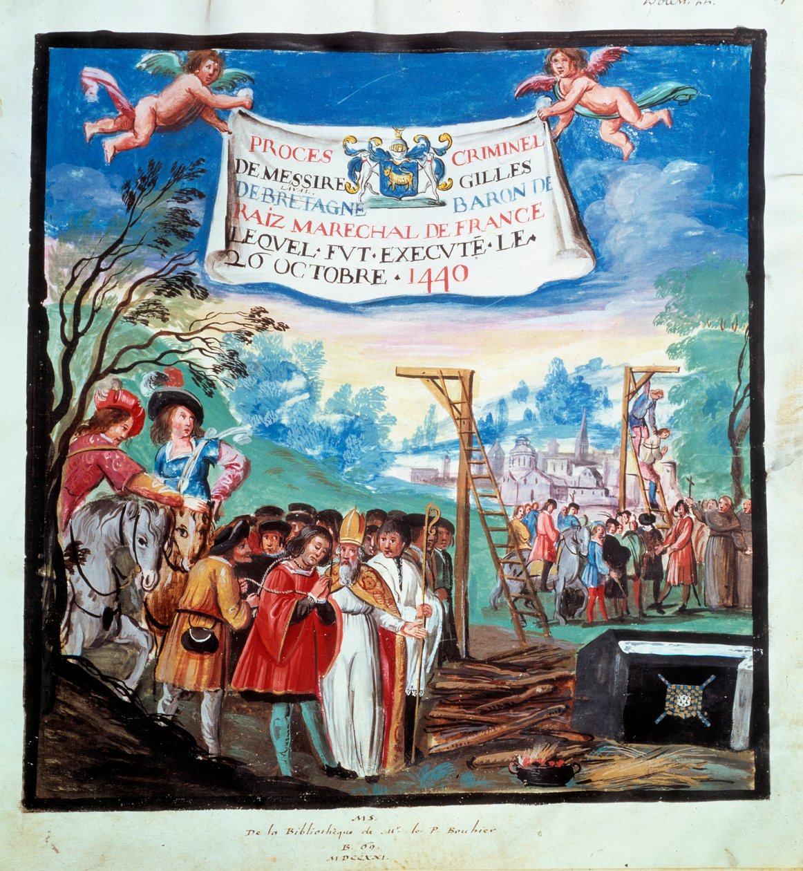 Procesos de Gilles de Rais (Retz ou Rays) (1404-1440): "A execução, gibet e açougueiro" Ele é executado por assassinato e heresia. Miniatura do século XV. Paris, B.N. de Unknown artist