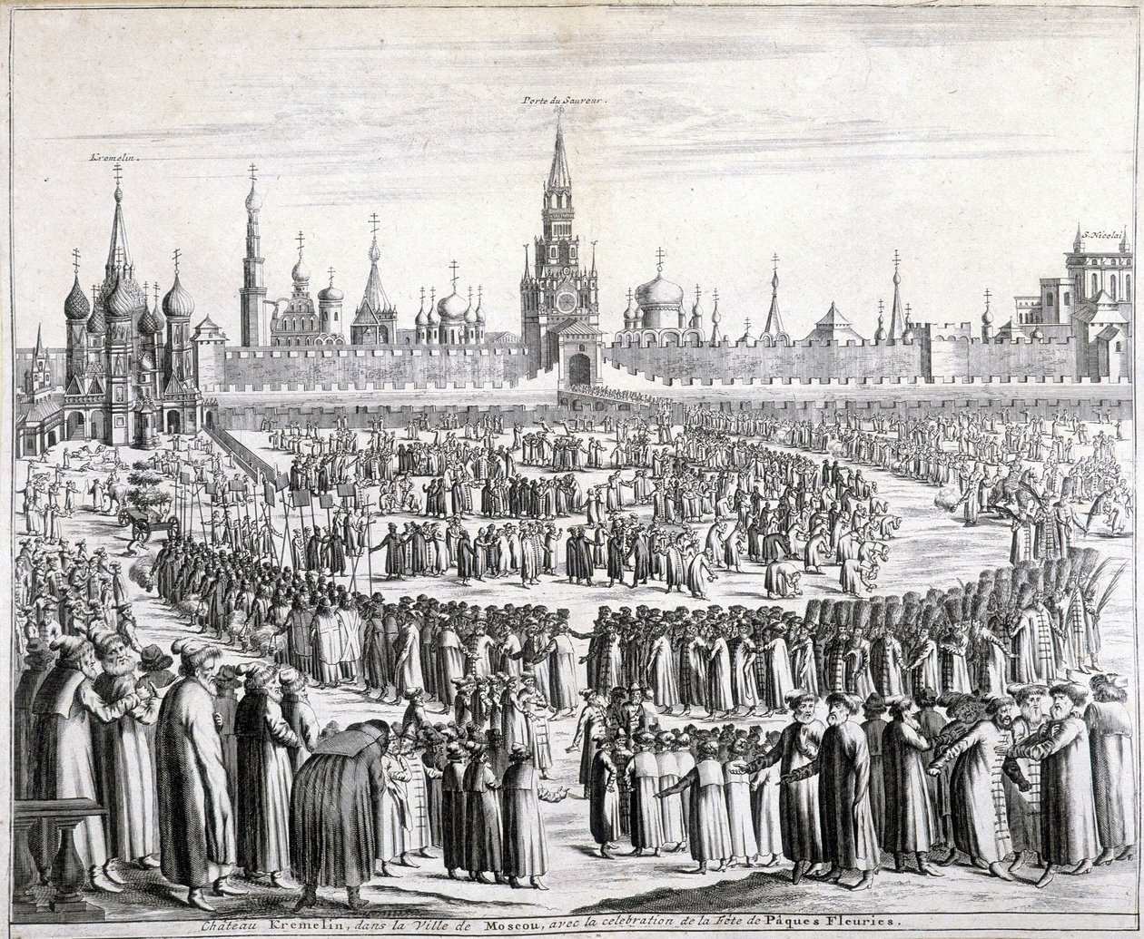Procissão das Flores da Páscoa em frente ao Portão do Santo Salvador e ao Kremlin em Moscovo. Gravura do século XIX. de Unknown artist