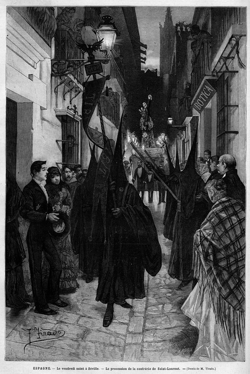 Procissão da conferência de Saint Laurent (São Lourenço) em Sevilha (Espanha) na Sexta-feira Santa (Sexta-feira Santa). Gravura em "Le Monde illustrious" 1883. Coleção privada. de Unknown artist