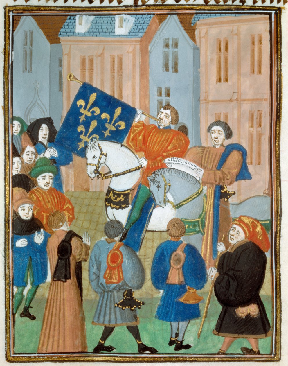 Proclamação de paz em Reims em 2 de outubro de 1435 após a assinatura do Tratado de Arras entre o rei Carlos VII e o duque da Borgonha Filipe III, o Bom, terminando a guerra civil entre os Armagnacs e os borgonheses. Miniatura de “” Reis e quee de Unknown artist