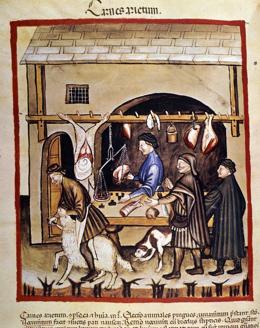 Produção e venda (açougueiro) de carne de ovino. Uma ovelha é abatida. Iluminação a partir da ordenha de medicamentos e dietética "Tacuinum sanitatis". de Unknown artist