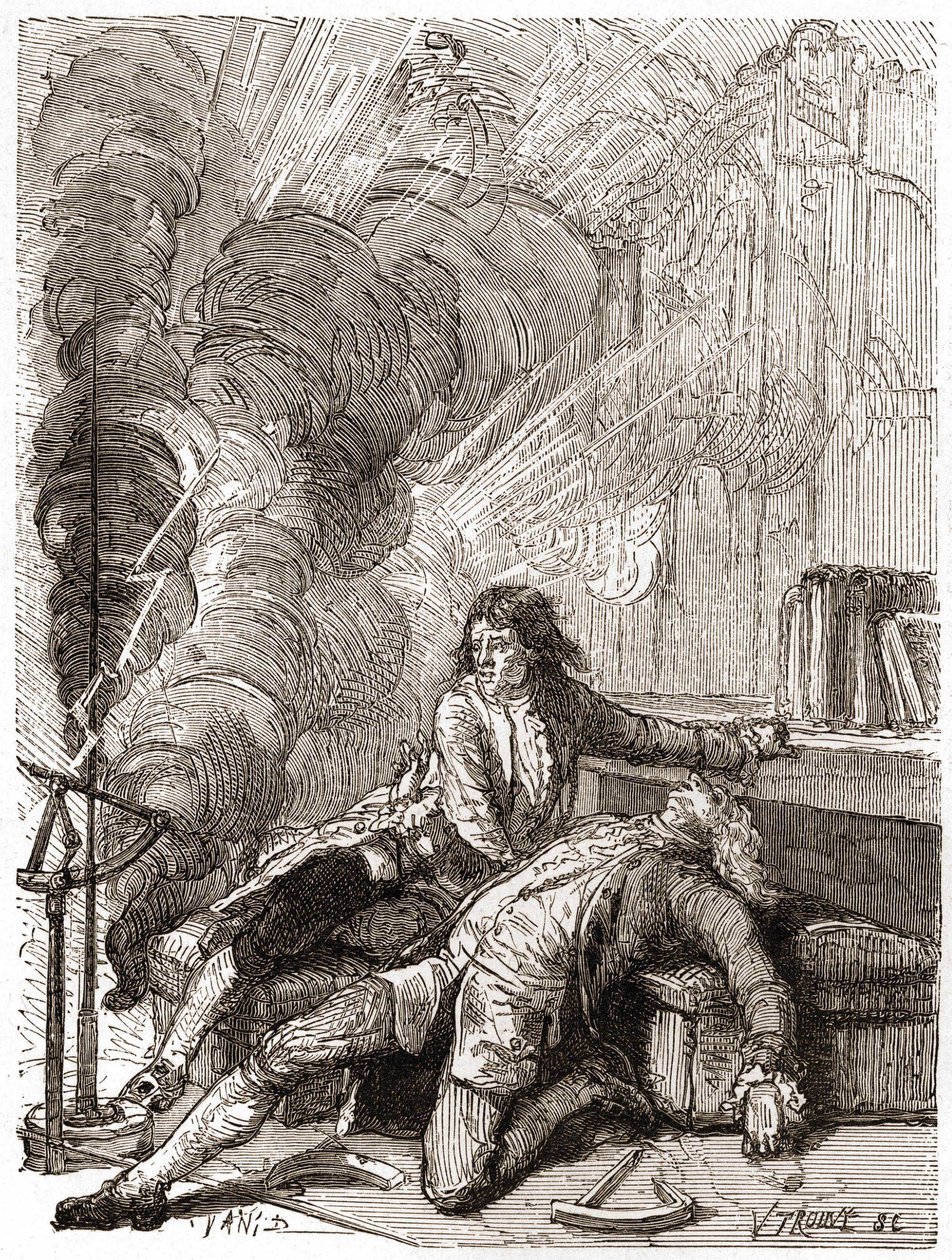 O Professor Georges Guillaume Richmann (1711-1753) morreu na sua oficina após uma experiência com um electrómetro de Unknown artist