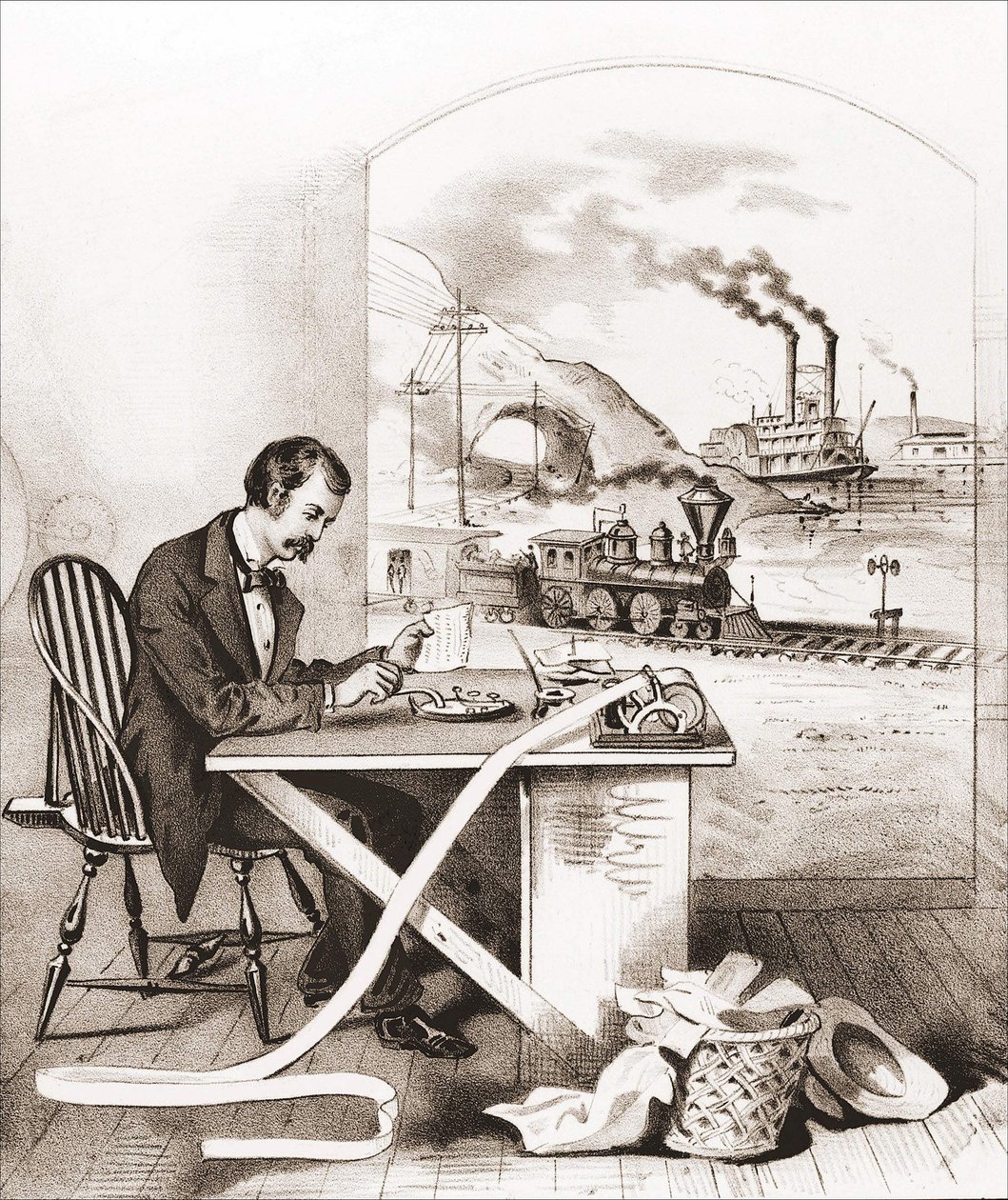 Progresso do Século (século XIX): Morse Telegraphy, Dawn Boat, Train, etc. Gravura do Século XIX. de Unknown artist