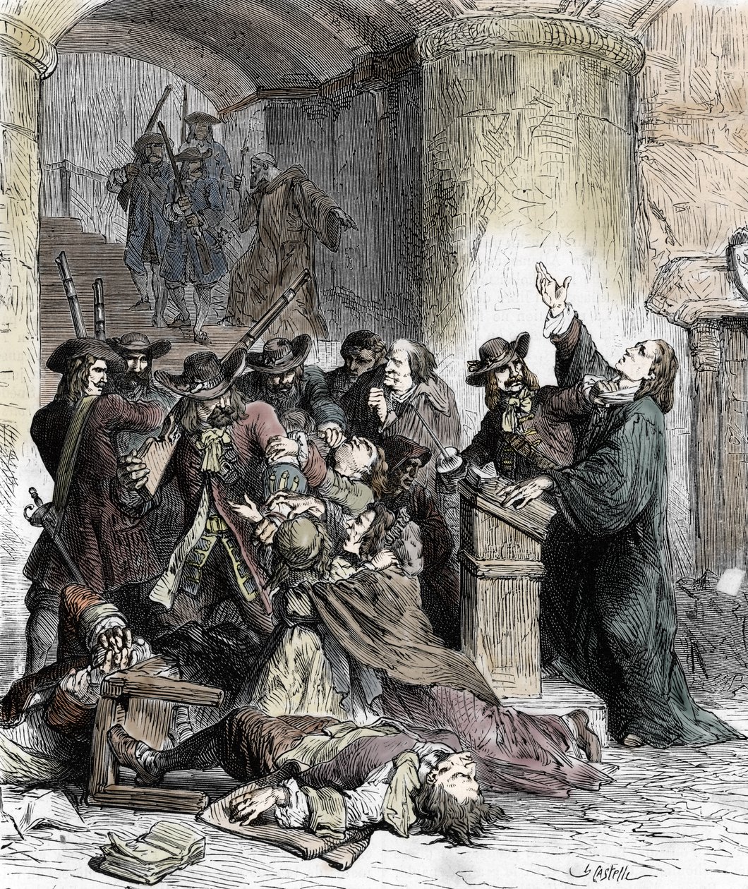 Proibição de preches e prisão de protestantes após a revogação da Edit de Nantes (dragonnades sob Louis XIV (1681-1686): Soldados católicos (dragões) massacram os Protestantes. Século XIX (gravura) de Unknown artist