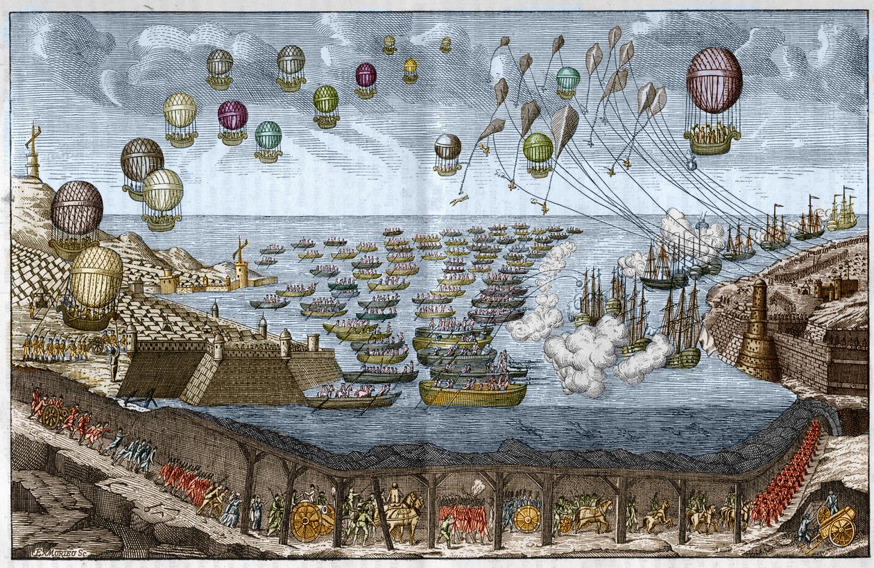 Projeto de ataque (Invasão) contra a Inglaterra em 1803 por Napoleão I - Tropas francesas atravessam o Túnel do Canal da Mancha enquanto navios e balões atacam por mar e ar - Gravura de 1803 de Unknown artist