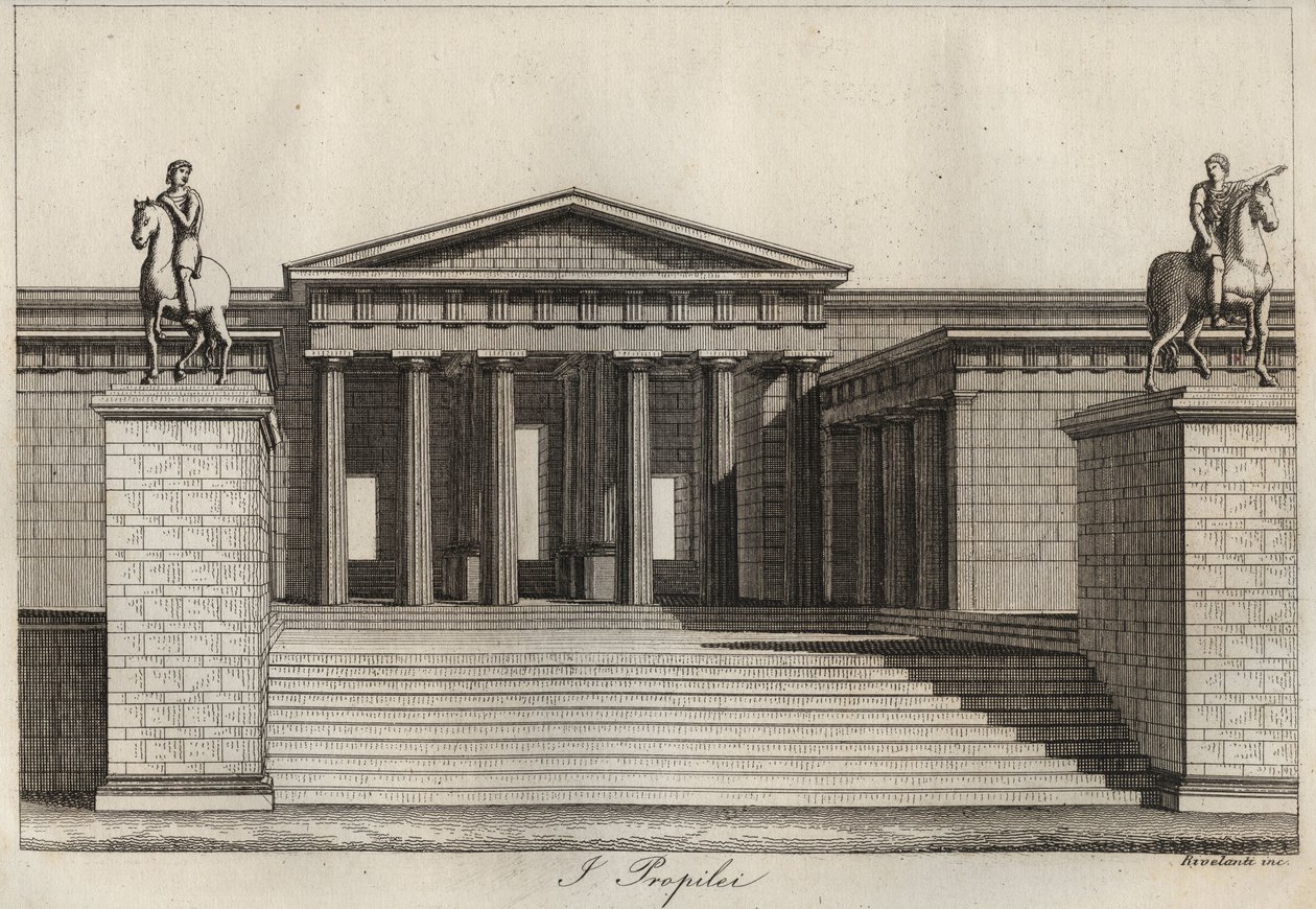 Propylees (Propilei) (acrópole de Athenes) gravada a partir de "Usos e costumes de todos os povos do universo". Ou melhor, a história do governo, das leis, das milícias, da religião de todas as nações desde os tempos mais remotos até aos nossos dias" 1856 de Unknown artist