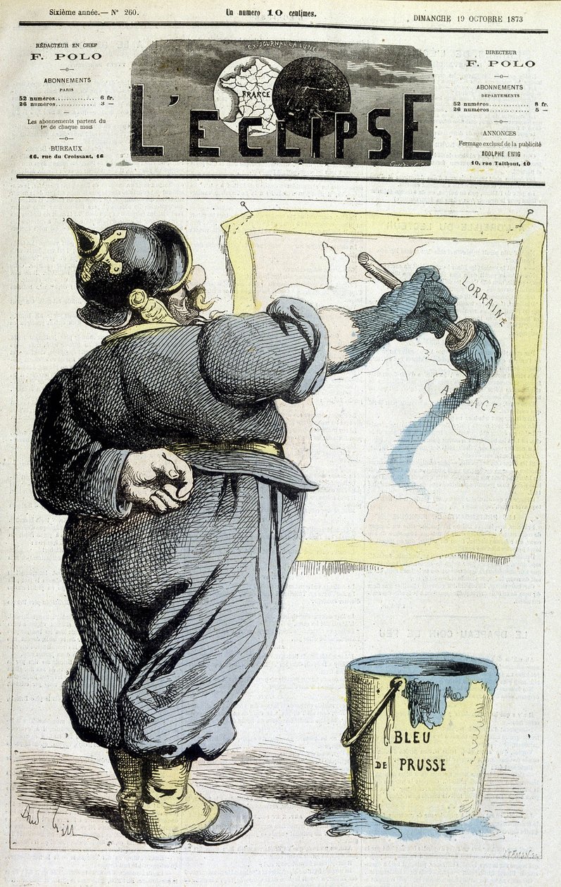 Soldado prussiano traçando as fronteiras da Alsácia-Lorena ao azul da Prússia (referência à anexação da região pela Guerra de 1870) - em "L