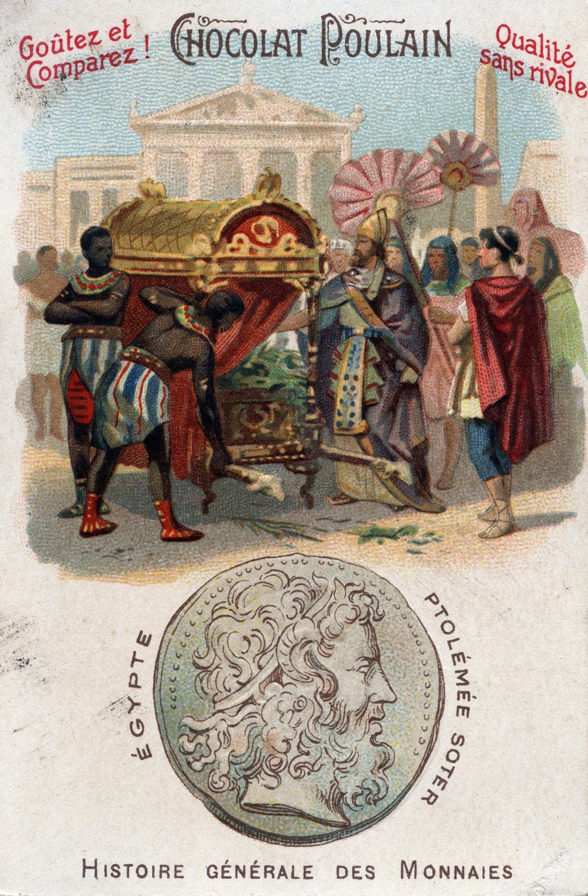 Ptolemee I (360-283 AC) Soter (salvador) mandou enterrar Alexandre o Grande. Em História Geral das Moedas. Cromolitografia de Chocolate-Foal do final do século XIX. Coleção particular. de Unknown artist