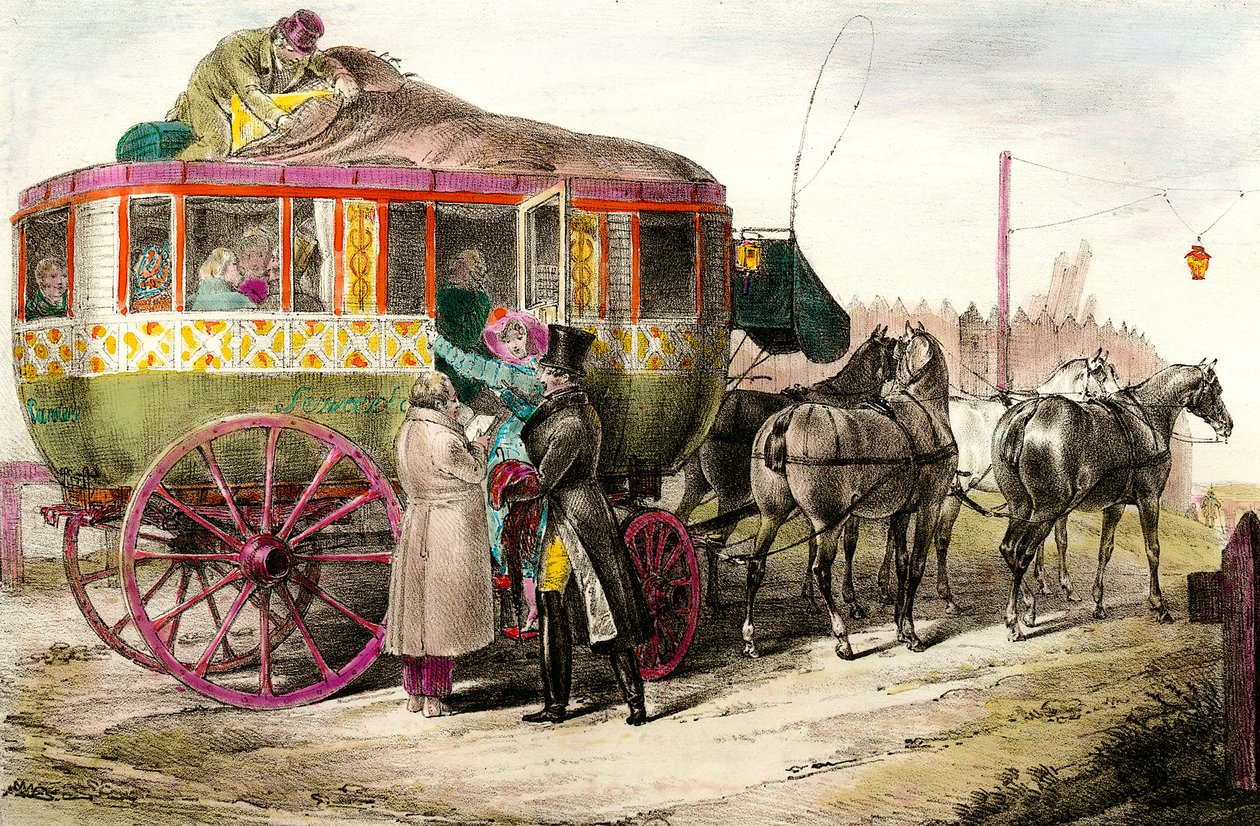 Transporte público: passageiros que entram na Parisienne Diligence. Gravura da Colecção Privada do século XIX de Unknown artist