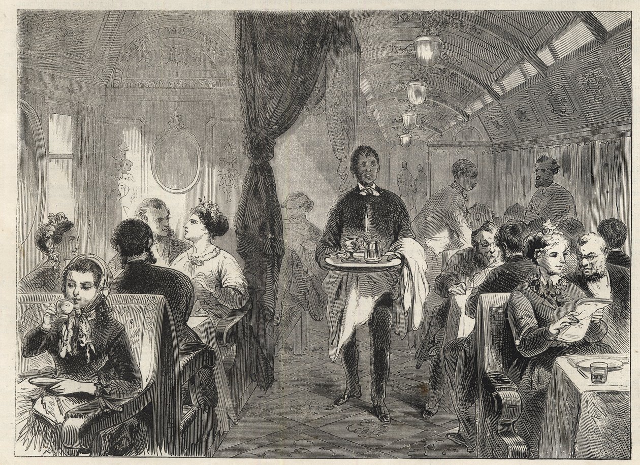 Pullman vagão-restaurante das Ferrovias do Pacífico em 1869 - dentro de um hotel de vagões na Ferrovia do Pacífico - de Unknown artist