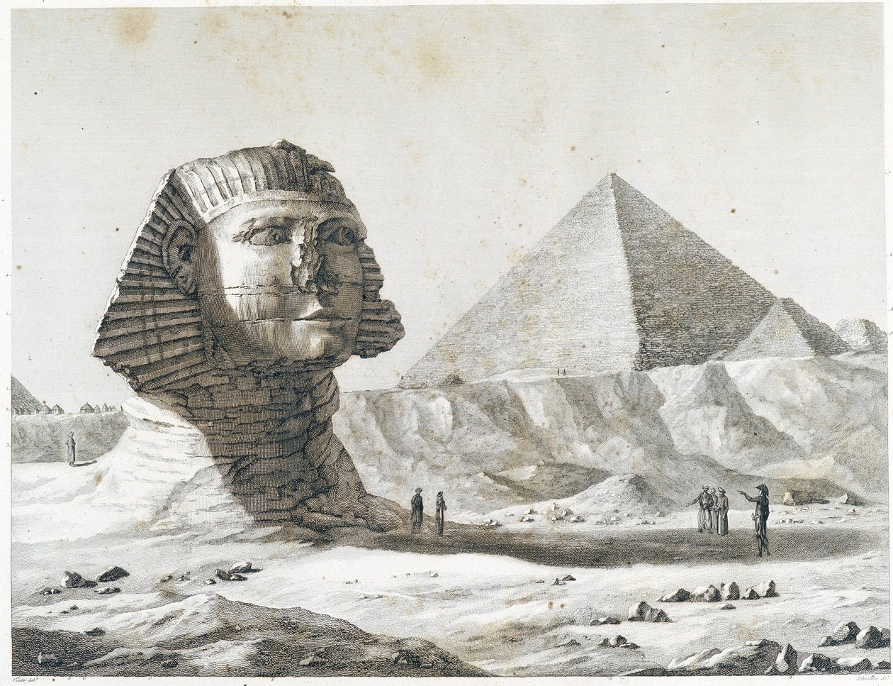 Pirâmides de Gizé: vista da Esfinge e da Grande Pirâmide, tirada do sudeste - em "Descrição do Egito", Edições Imperiais de Unknown artist