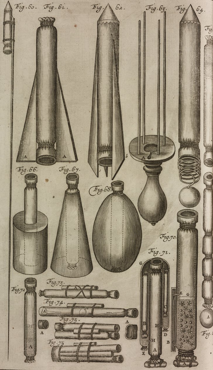 Foguetes e instrumentos pirotécnicos, gravura de Grand Art d