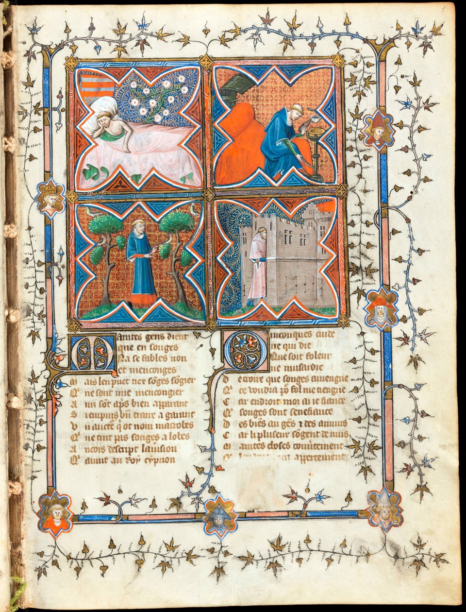 ""Quatro homens ocupados com atividades diferentes"" página iluminada do manuscrito ""Le Roman de la Rose"" de Guillaume de Lorris (por volta de 1200-1238) e Jean de Meun (Meung) (1240-1305) por volta de 1353 Suíça, Biblioteca de Genebra de Unknown artist