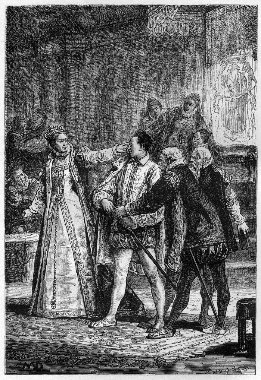 Rainha Elizabeth I de Inglaterra ataca o 2º Conde de Essex Robert Devereux de Unknown artist