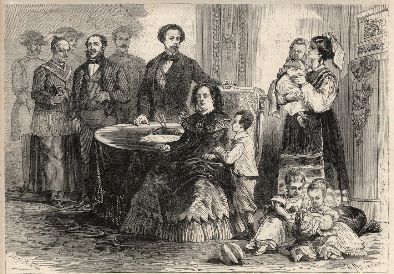 A Rainha Isabel II de Espanha (Isabel de Bourbon) (1830-1904) e François de Assis de Bourbon ou François I de Espanha (1822-1902) refugiaram-se com seus filhos no castelo de Pau, na França, após a Revolução de Setembro (Gloriosa). Entre os seus filhos de Unknown artist