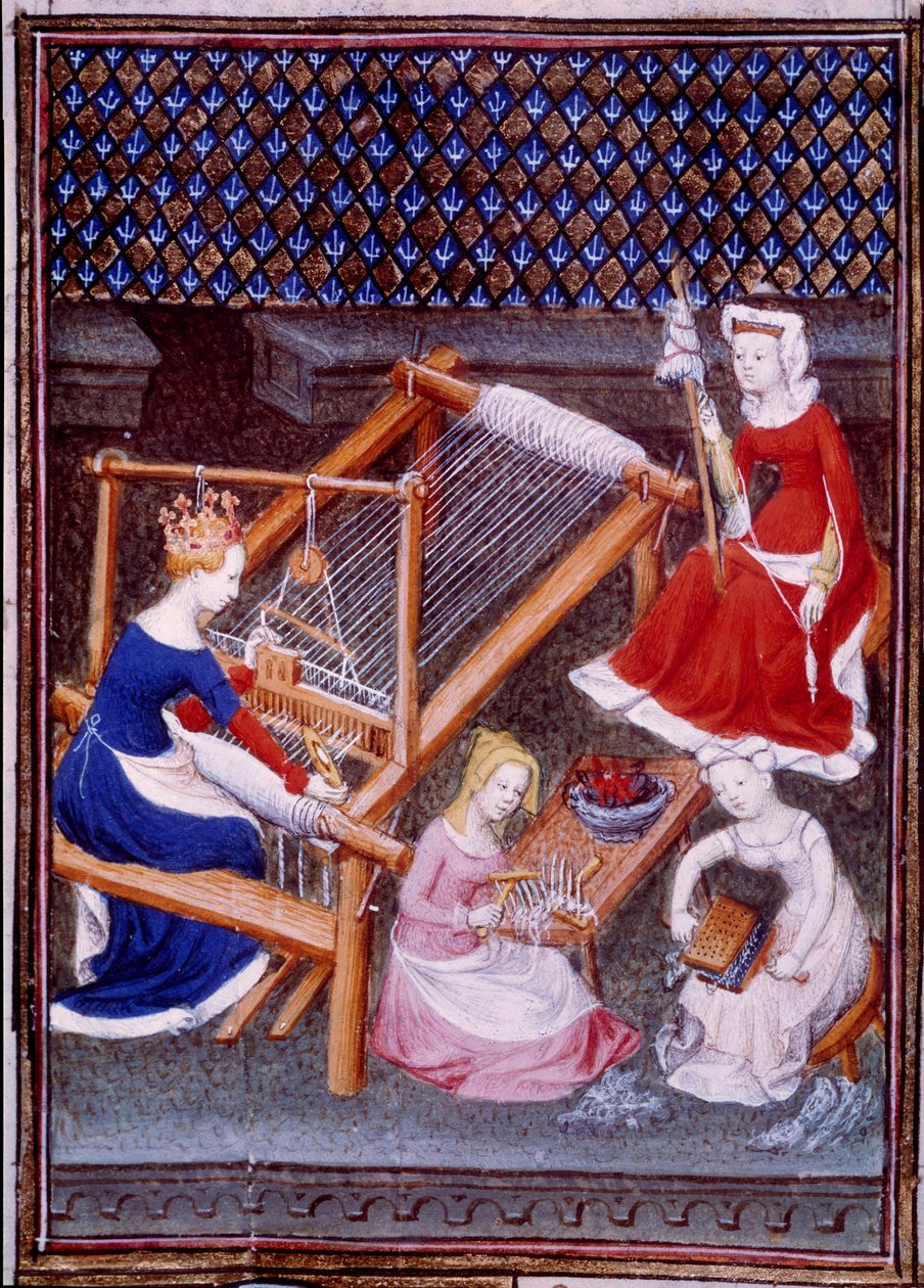 Rainha Tanaquil, esposa do rei romano Tarquínio, o Ancião, tecelagem em miniatura tirada de "De mulieribus claris" (Mulheres leves e nobres)" por Giovanni Boccaccio (Boccaccio) (1313-1373) de Unknown artist