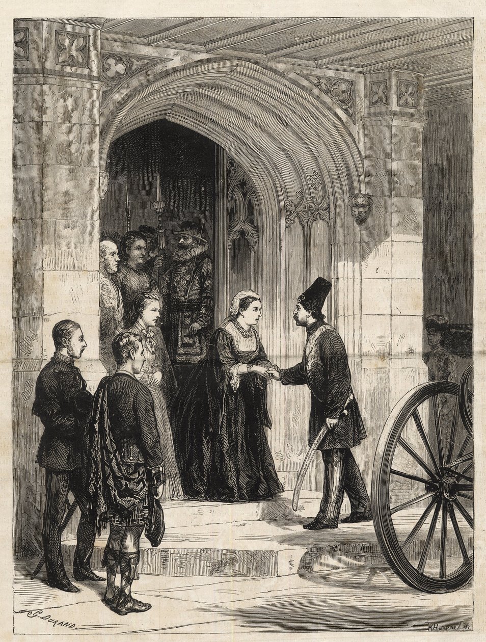 Rainha Victoria recebendo o Xá da Pérsia (Naser al-Din Shah Qajar - Nassereddin Shah Qajar) (Nasser al-Din ou Nassereddin Shah, Nassiruddin Shah ou Nasir al Din) (1831-1896) na Entrada do Soberano, Castelo de Windsor - 1873 - Egraving from 