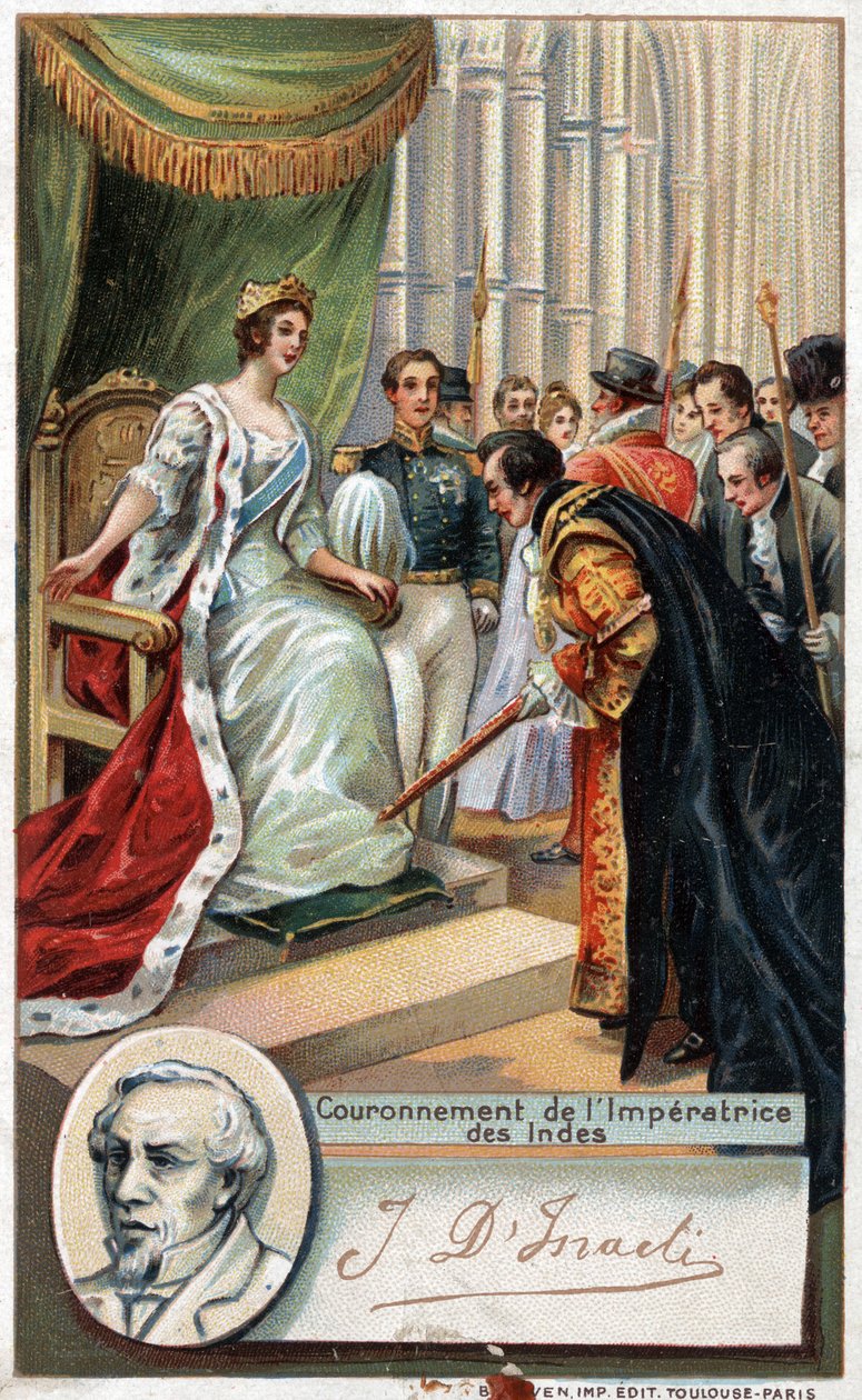 Rainha de Inglaterra Victoria foi coroada Imperatriz da Índia em 1877 com o apoio de Benjamin Disraeli (1804-1881) escritor e político britânico. Cromolitografia do século XIX. de Unknown artist