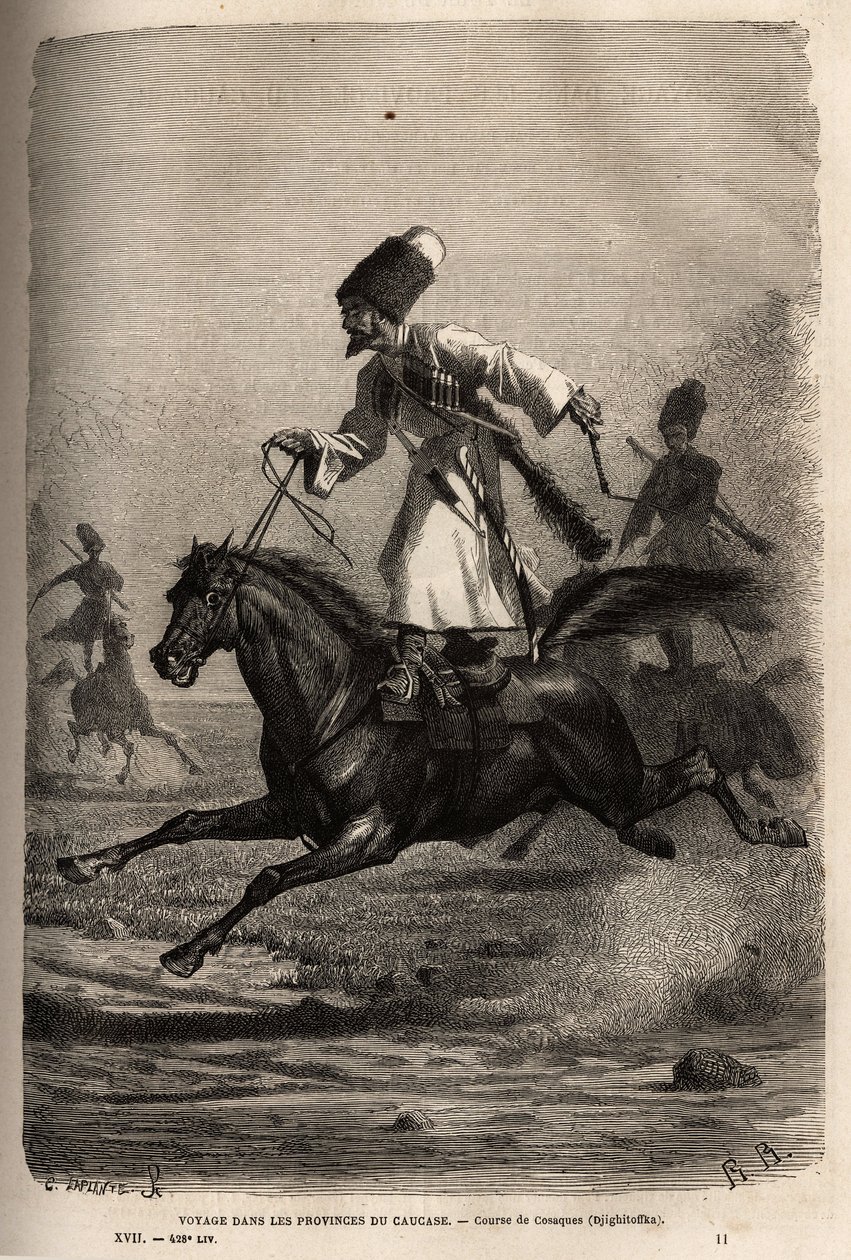 Corrida de Cossacos, sobe em equilíbrio de pé sobre a sela, os cavaleiros chicoteiam os cavalos para os fazer galopar. Gravura para ilustrar a viagem nas províncias do Cáucaso, por Basile Vereschaguine, em 1864-1865, publicada em "Le tour du monde, nouvea de Unknown artist