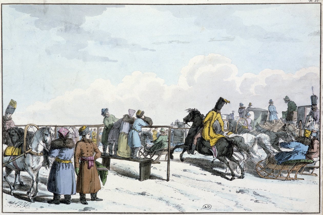 Corrida de tanques e cavalos na Rússia - gravura de Unknown artist