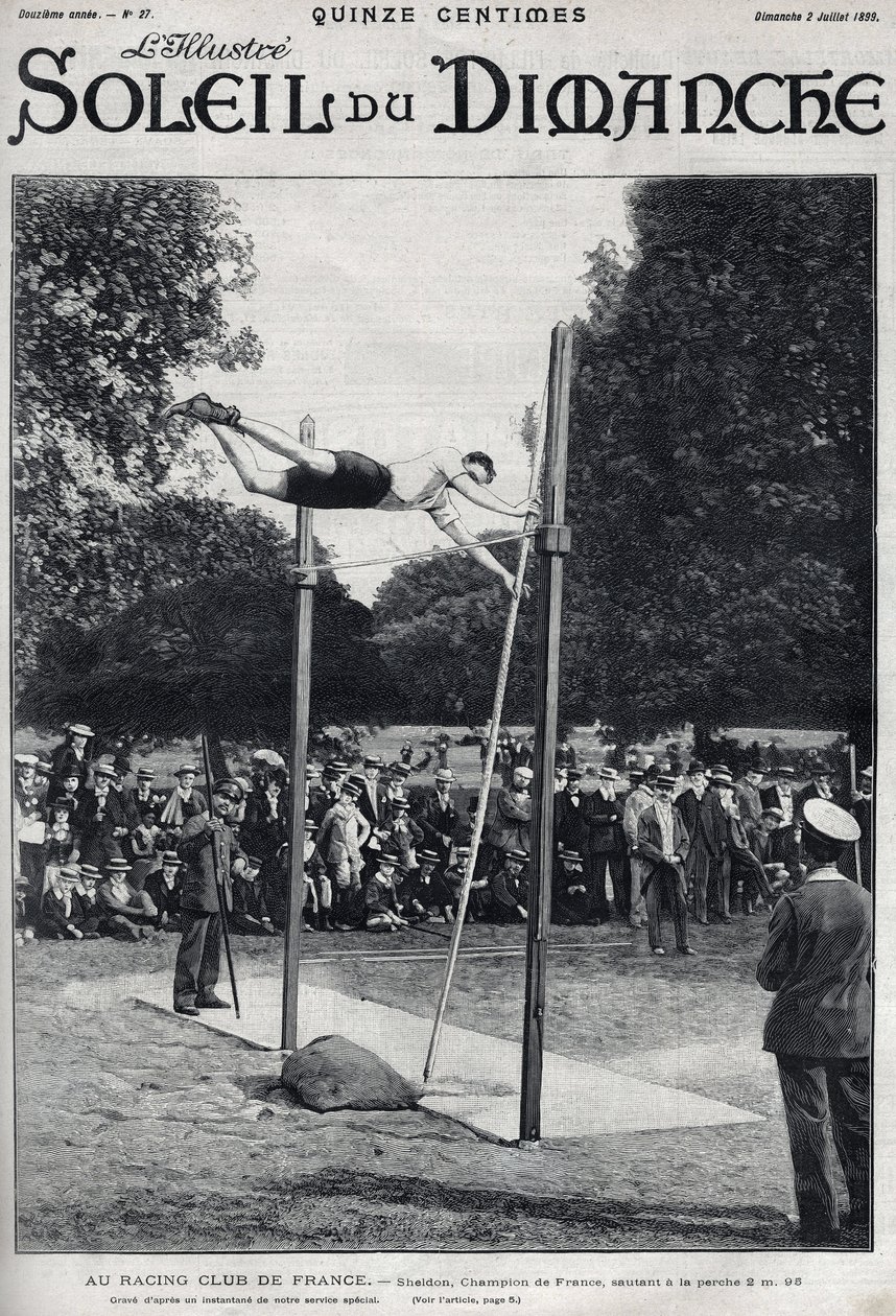 Clube de corrida da França. Sheldon, campeão de França, salta 2, 95 m para saltar a la Perche. Gravura em "Le sun-du-dimanche", 2 de julho de Unknown artist