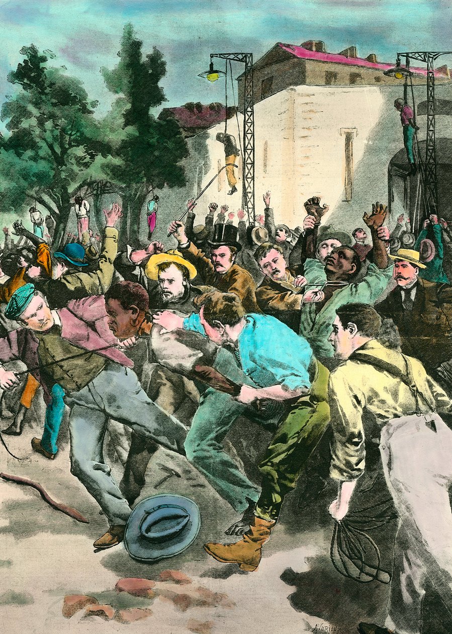Cena do racismo: Linchamento negro nos Estados Unidos, acusado de matar brancos. Gravura do século XIX. de Unknown artist