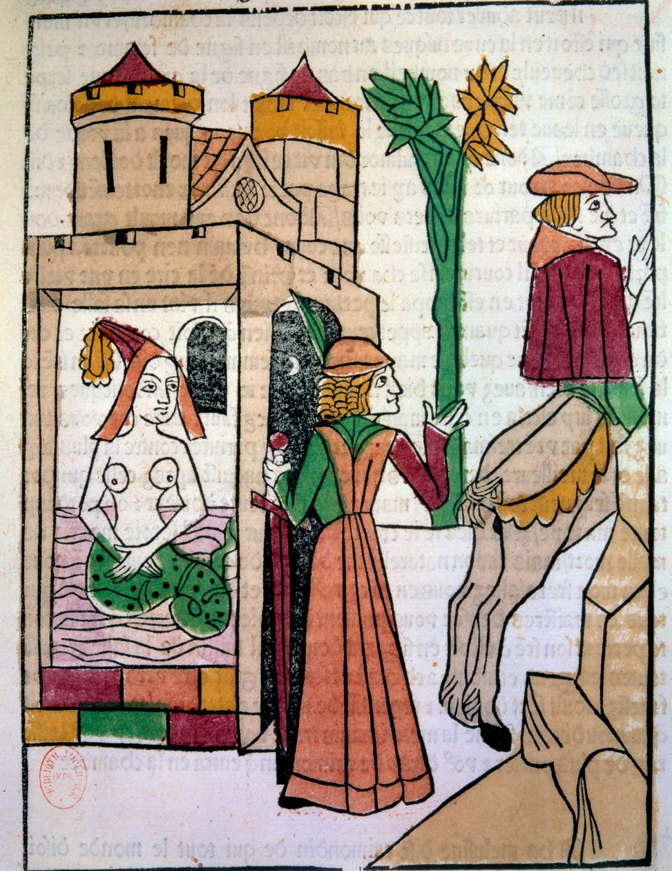 Raimondin a espiar a sua mulher Melusine no banho. Gravura de madeira iluminada à mão em "Histoire de Melusine" (fólio 142) escrito por Jean d