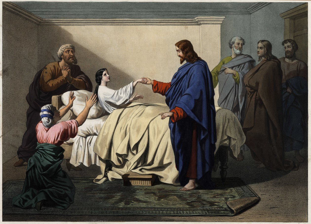 Criação da filha de Jairus - Jesus resgata a filha de Jaire (Jairus ou Jairos). Gravura anônima do final do século XIX. de Unknown artist