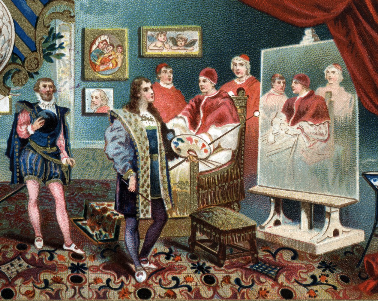 Rafael (Raffaello Sanzio) trabalhando no retrato do Papa Leão X (leone 10) rodeia os Cardeais Jules de Medicis (Giulio) (Papa Clemente VII) de Unknown artist