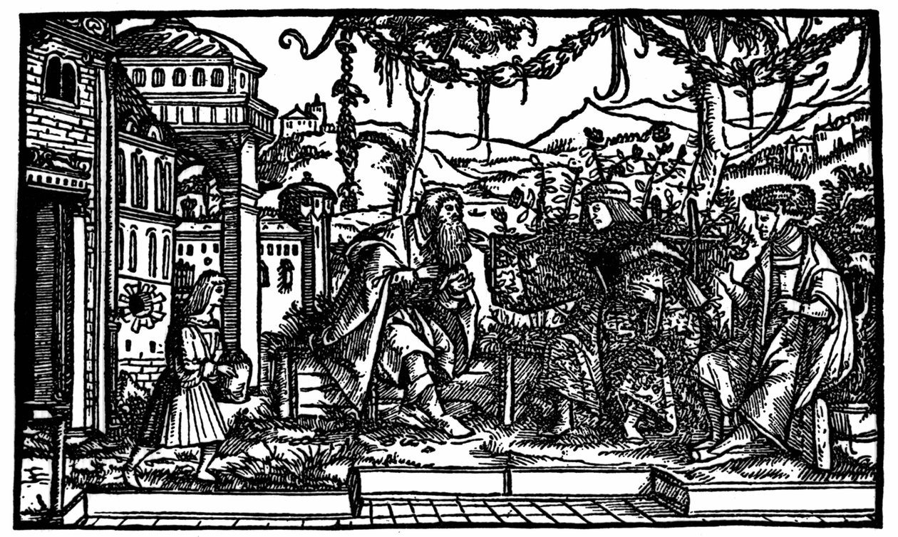 Raphaël Hythlodée, um viajante que passou cinco anos em Utopia, conta a Thomas More e Pierre Gilles a sua viagem. Xilografia publicada na edição de "Utopia" de Thomas More (1478 - 1535) de 1516. de Unknown artist