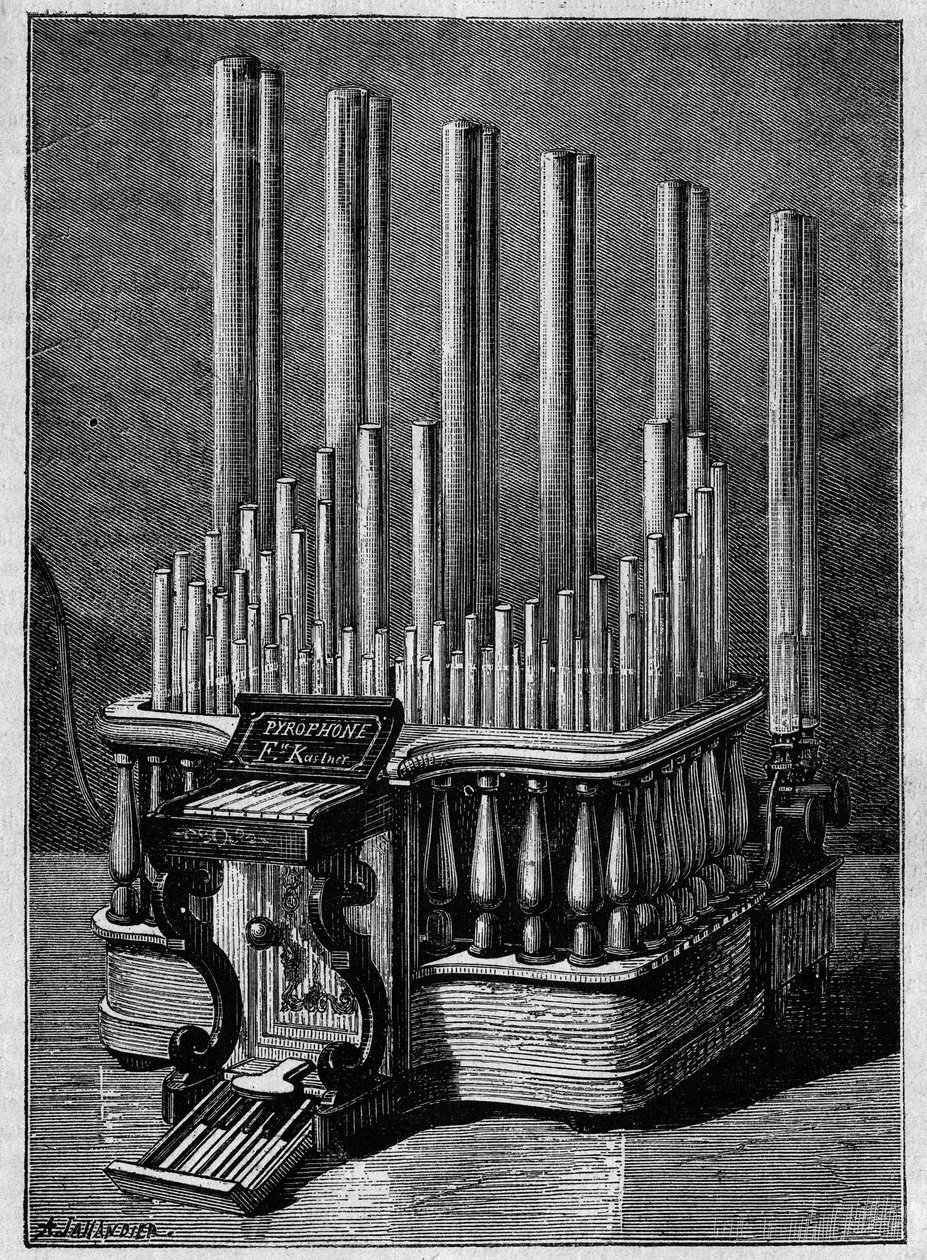 Instrumentos raros ou imaginários: O pirofone ou "chamas cantoras", de Frederic Kastner (instrumento que gera chamas alimentadas por jactos de gás). de Unknown artist