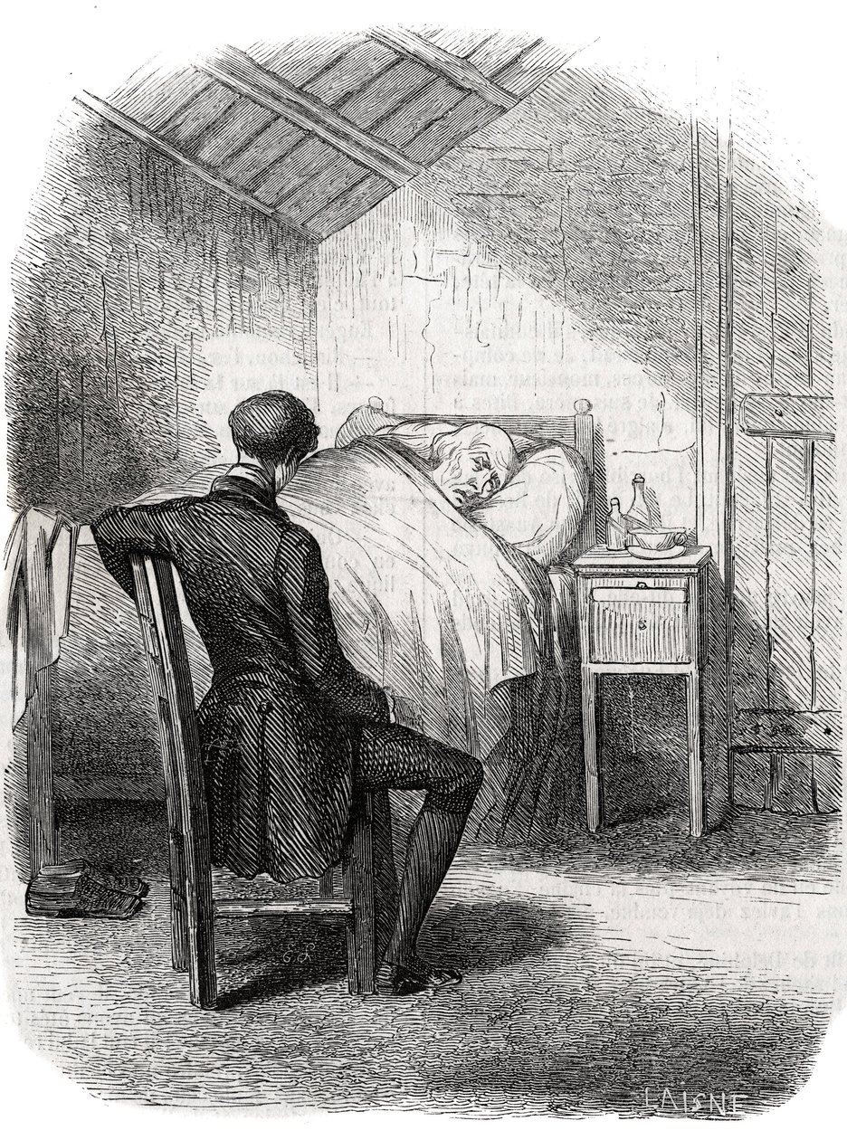Rastignac ficou sozinho perto do velho, sentado aos pés da cama... Gravando em meados do século XIX. Ilustração para "O Padre Goriot" de Honore de Balzac (1799-1850). de Unknown artist