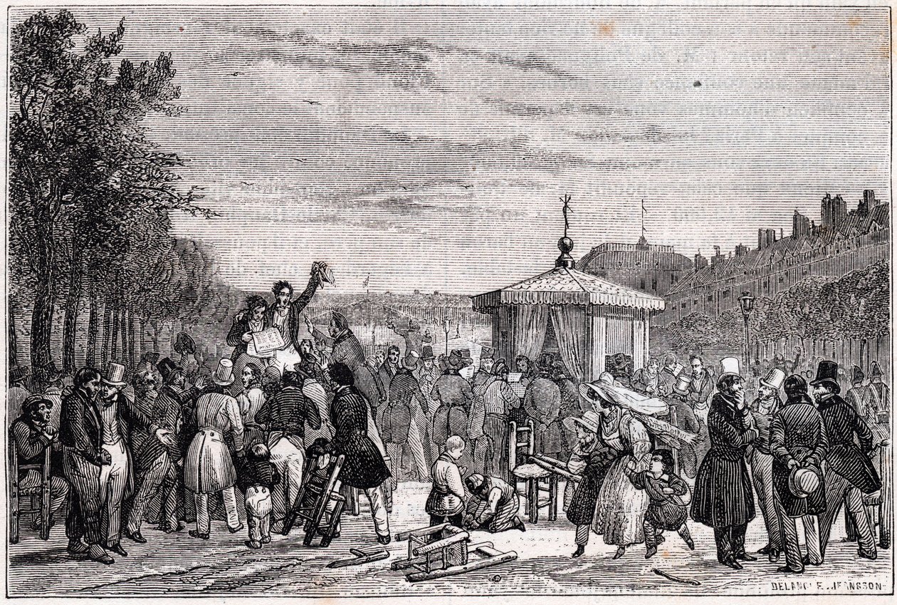 Leitura das decisões publicadas no jornal Moniteur nos jardins do Palácio Real de Paris em 26 de julho de 1830 durante a guerra civil - Revolução 1830 - Palestra des prescrições em Le Moniteur, au jardin du Palais-Royal, 26 de julho de 1830 às 19h. - de Unknown