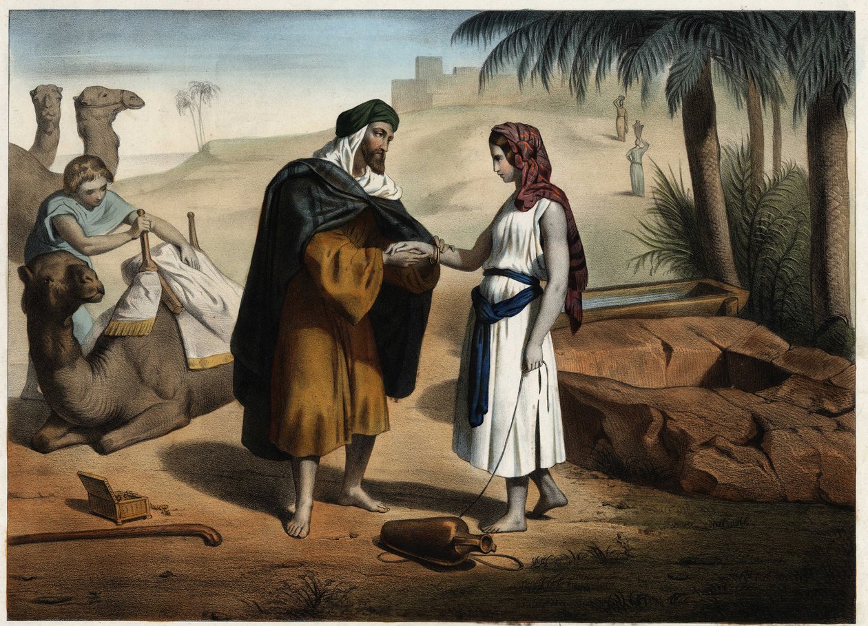 Rebecca e Eliezer para o poço: Eliezer de Damasco, encarregado de encontrar uma esposa para Isaac na Mesopotâmia, traz Rebecca de volta. Gravura anónima do século XIX. de Unknown artist