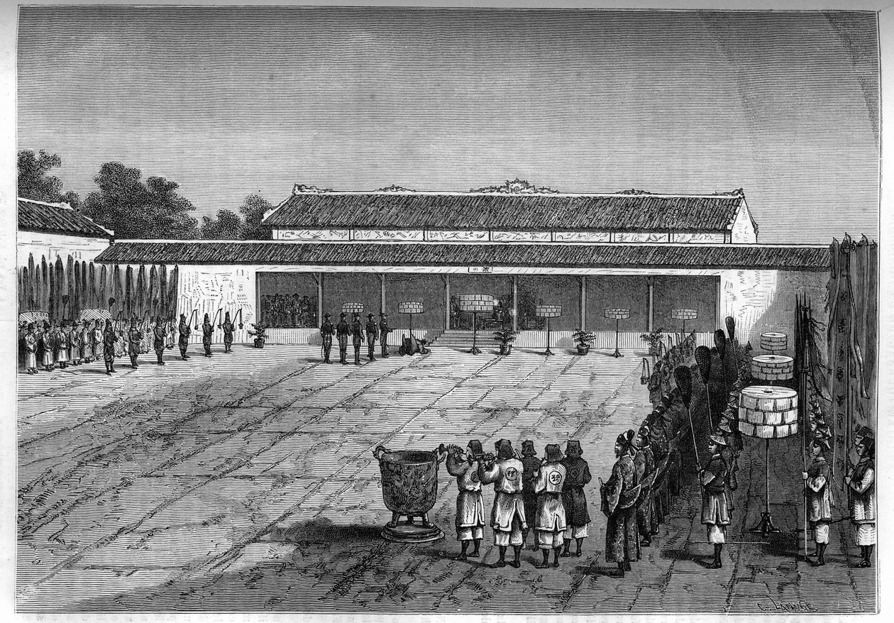 Recepção do plenipotenciário francês em Hue pelo Rei de Annam. Gravação em "Le journal de la jeunesse". de Unknown artist