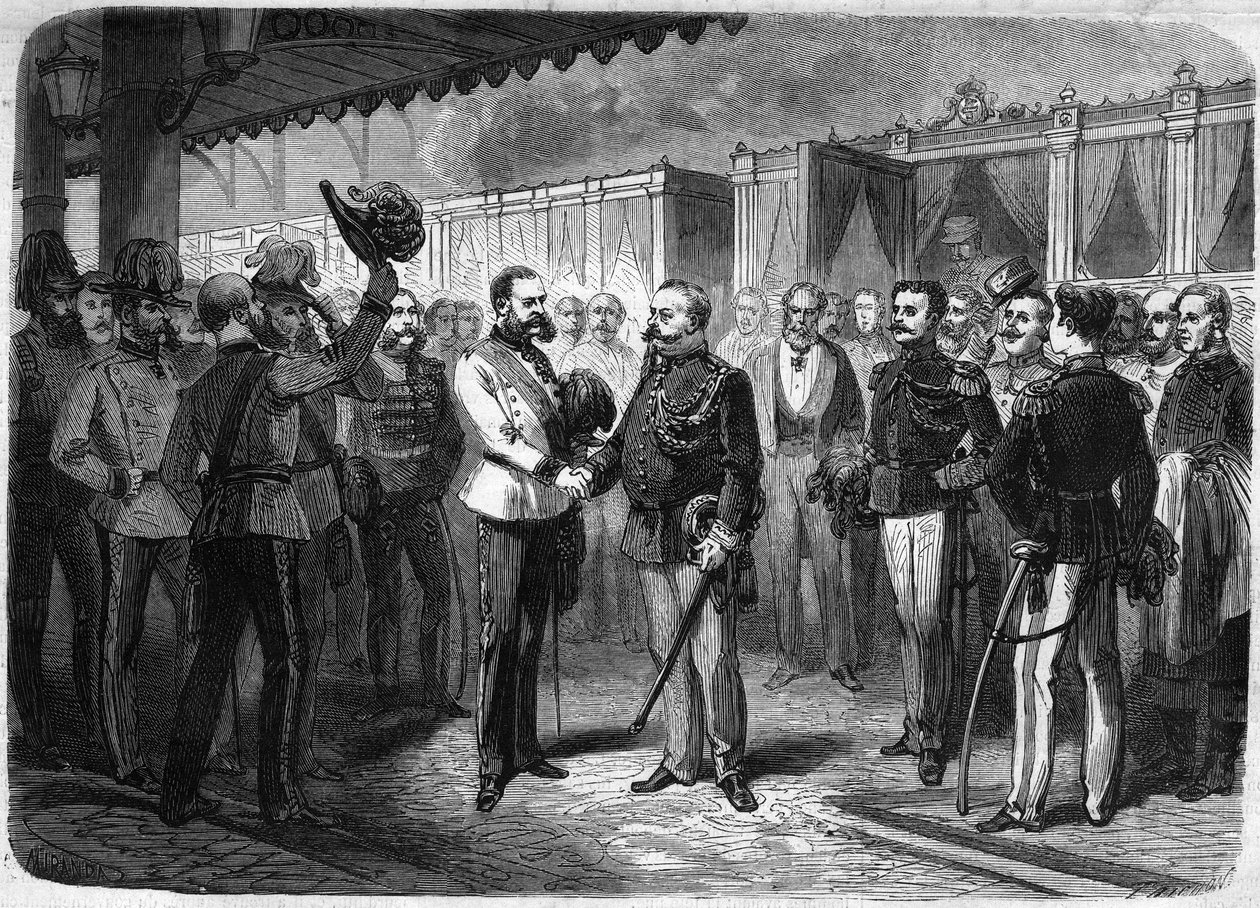 Recepção do Rei da Itália Vittorio Emanuele II (Victor Emmanuel) (Victor Emmanuel) (1820-1878) pelo Imperador da Áustria François José I (François-Joseph) (1830-1916) em Viena, em 1873. Gravura em "The Illustrious Universe" (O Universo Ilustre) de Unknown artist