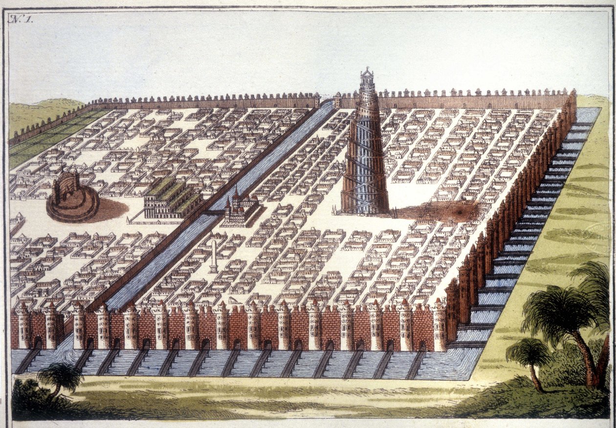 Vista reconstruída da antiga cidade da Babilónia, com o recinto, os jardins suspensos e o zigurat. de Unknown artist
