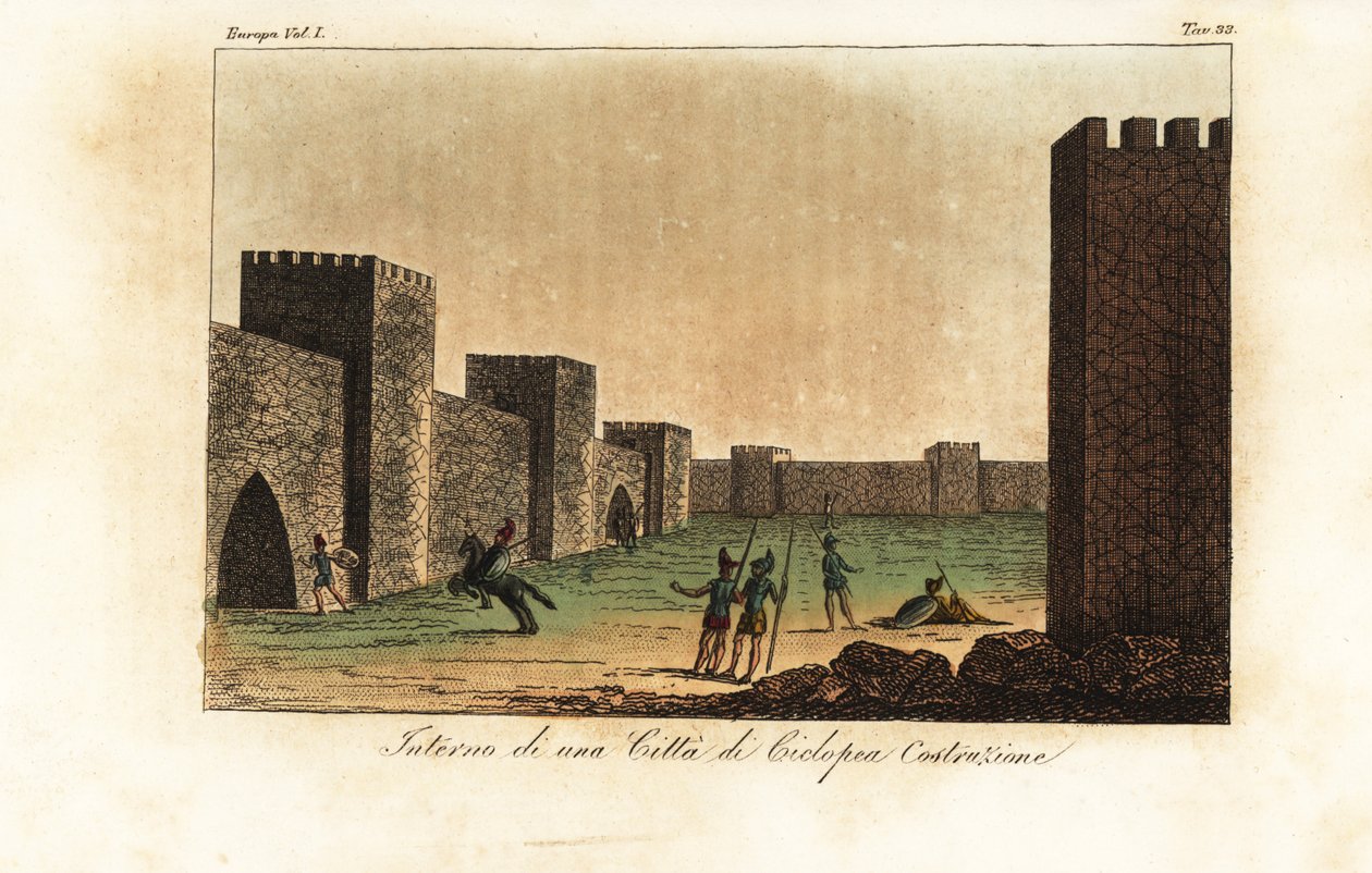 Reconstrução do interior de uma cidade construída em alvenaria ciclopédica, arquitectura micénica de Unknown artist