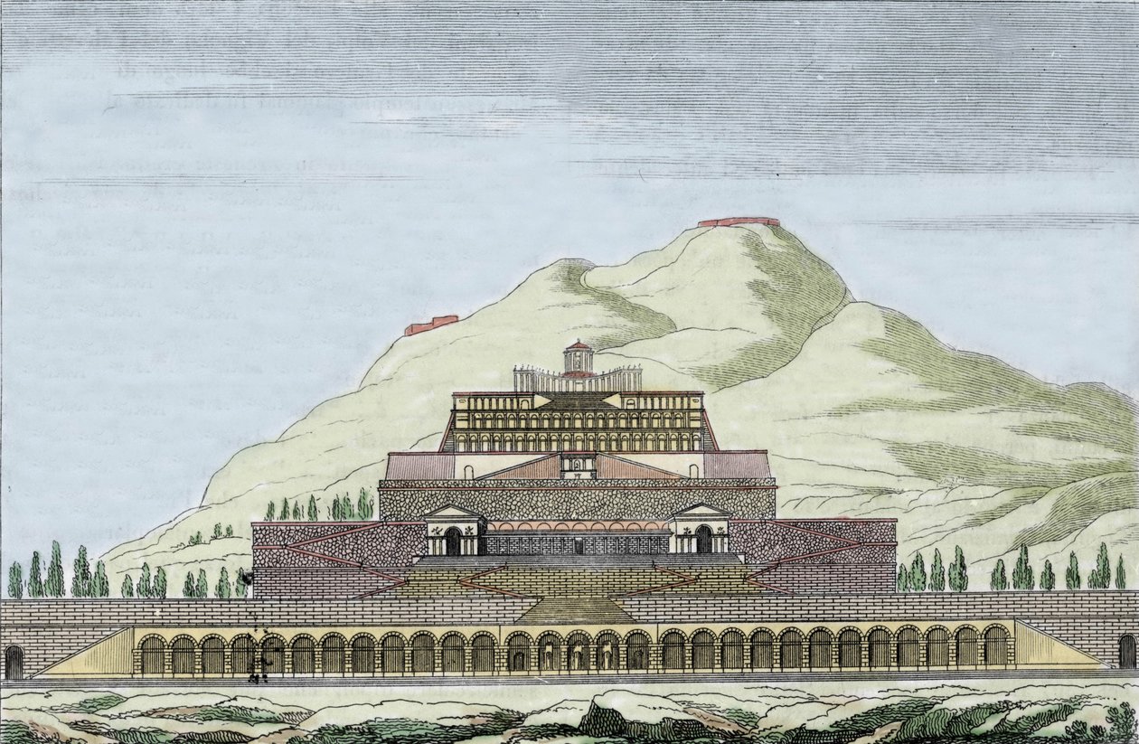 Reconstrução do templo da Fortuna (divindade romana do acaso) em Palestrina, Itália. Gravura do século XIX de Unknown artist
