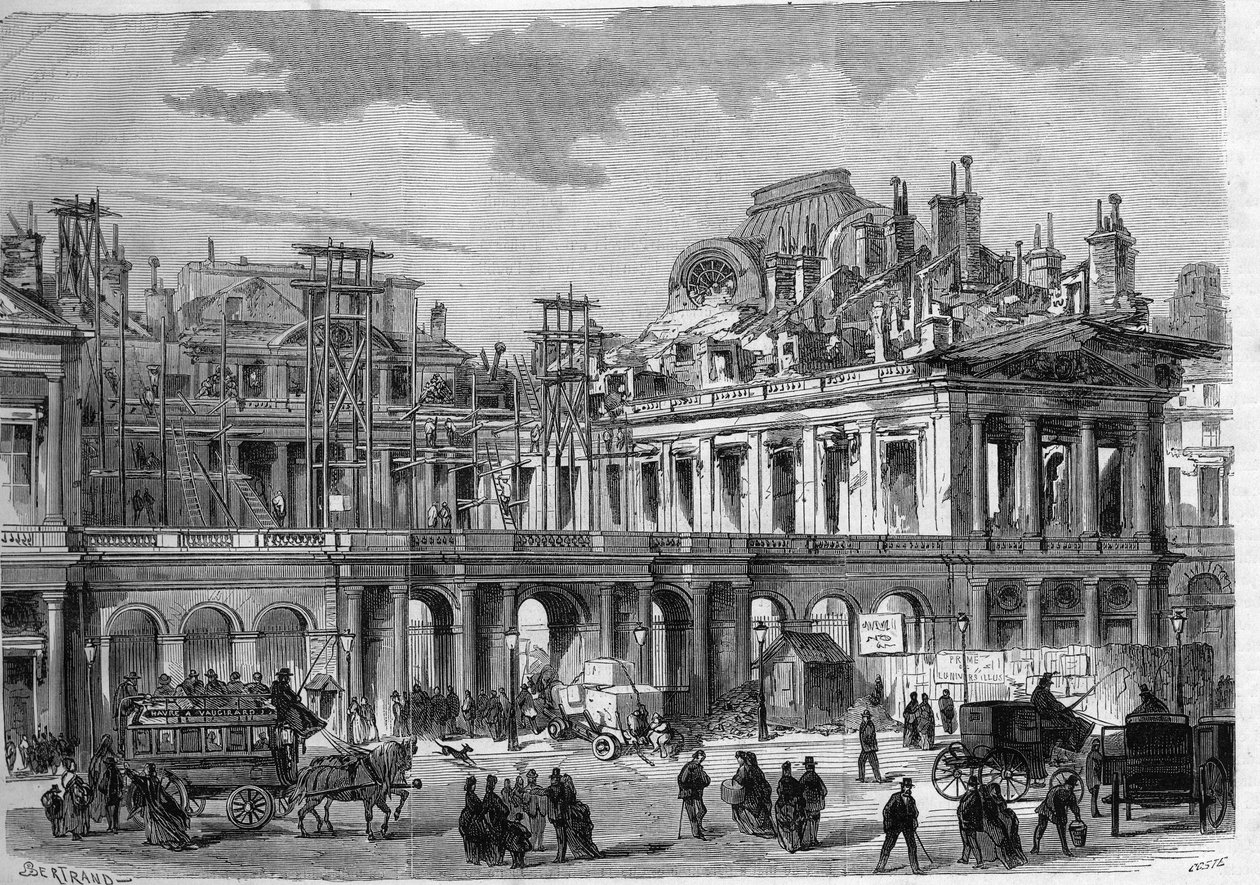 Obras de reconstrução do Palácio Real (Palais-Royal) em Paris. Gravura em "L