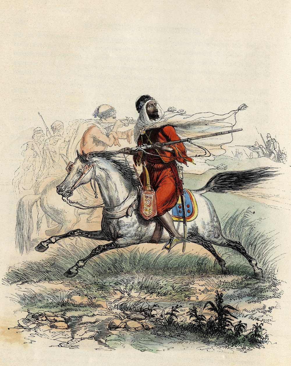 Cavaleiros vermelhos do Emir Abd-el-Kader fugiram a cavalo de caçadores do exército francês em Oran em 1841, em "L