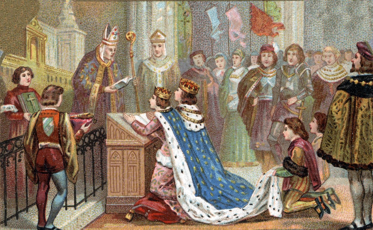 Relação da Bretanha com a França: Luís XII (1462-1515) casou com Anne de Bretagne (1477-1514). O casamento deles reuniu a Bretanha com a França (1499). Cromolitografia do final do século XIX. de Unknown artist