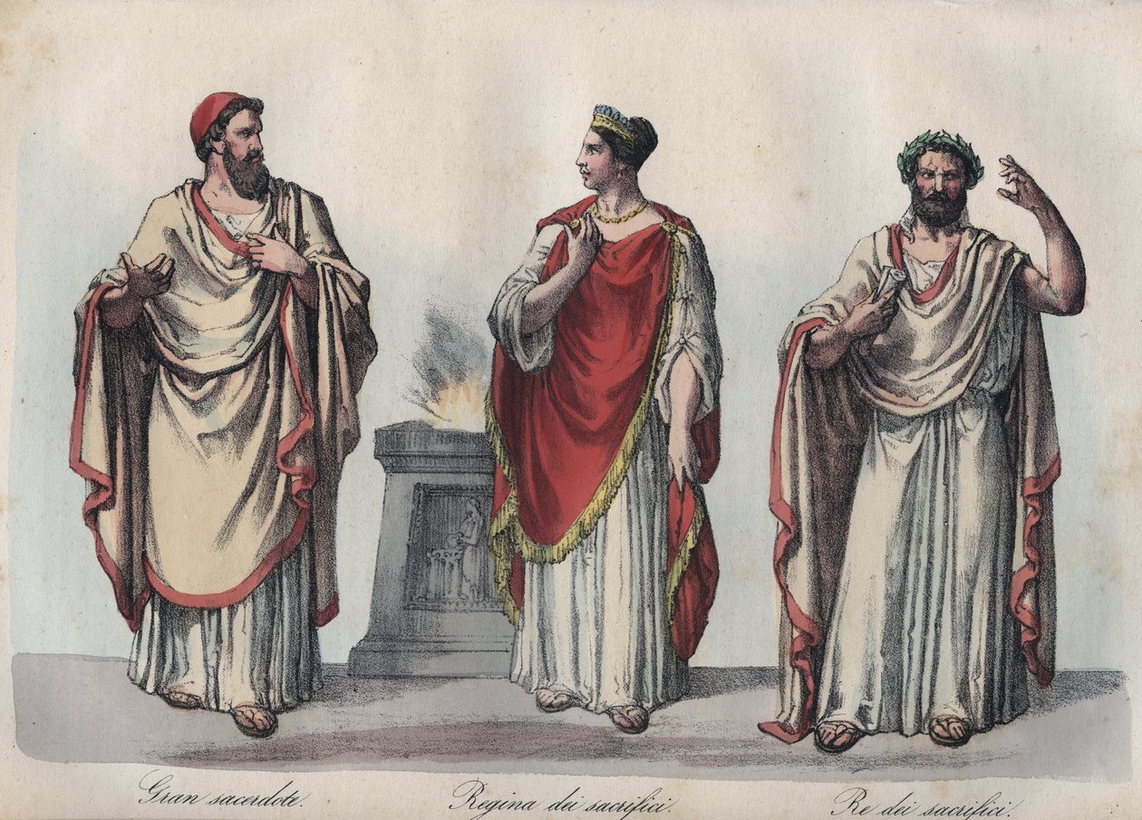 Religião na Roma antiga - sacerdote romano - Regina sacrorum - Rex Sacrorum (rex sacrificulus) - gravura de "Usos e costumes de todos os povos do Universo". Ou História do Governo, Leis, Milícias e Religião de Todas as Nações da de Unknown artist