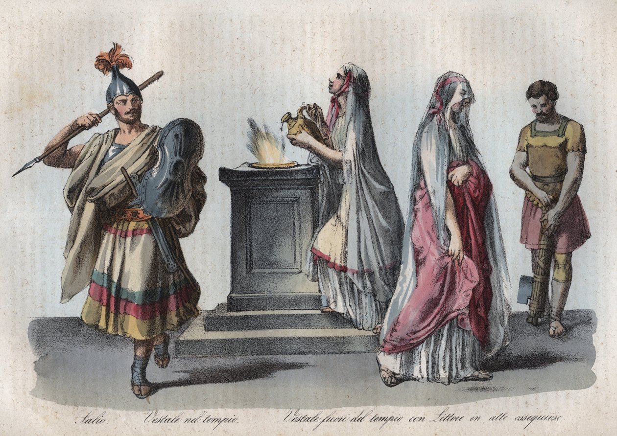 Religião na Roma antiga - Salii (sacerdotes saltadores) e Vestais ou Virgens Vestais - gravura de "Usi e Costumi di Tutti i Popoli dell