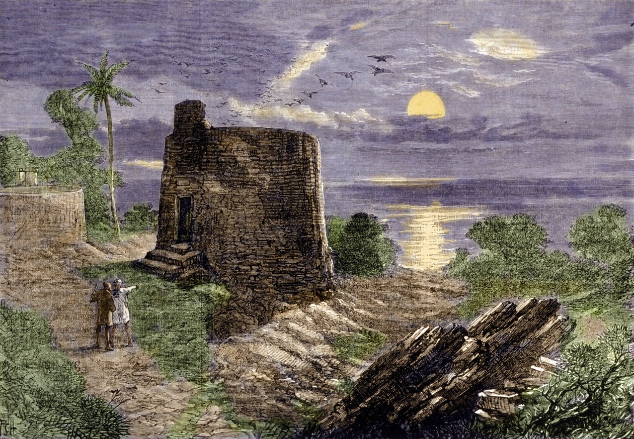 Religião dos Farsis (seguidores de Zarathustra (Zarathustra, Zarathushtra, Zarathustra ou Zoroastra)): o ritual fúnebre consiste em colocar os corpos do defunto numa torre, a Torre do Silêncio, onde são devorados por abutres. Região de Malabar de Unknown artist
